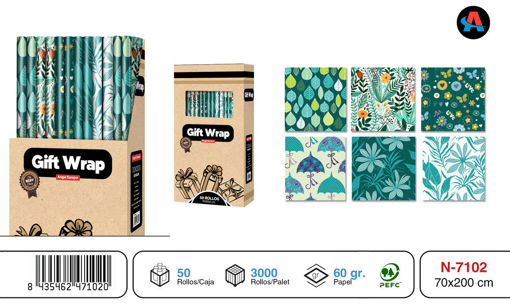 PAPEL REGALO ROLLO 70X200 ESTAMPADO VERDE TODO AÑO 50U | ANGEL EUROPA | ENVASE 50 UDS. UNIDAD | 8435462471020 Imagen principal del producto