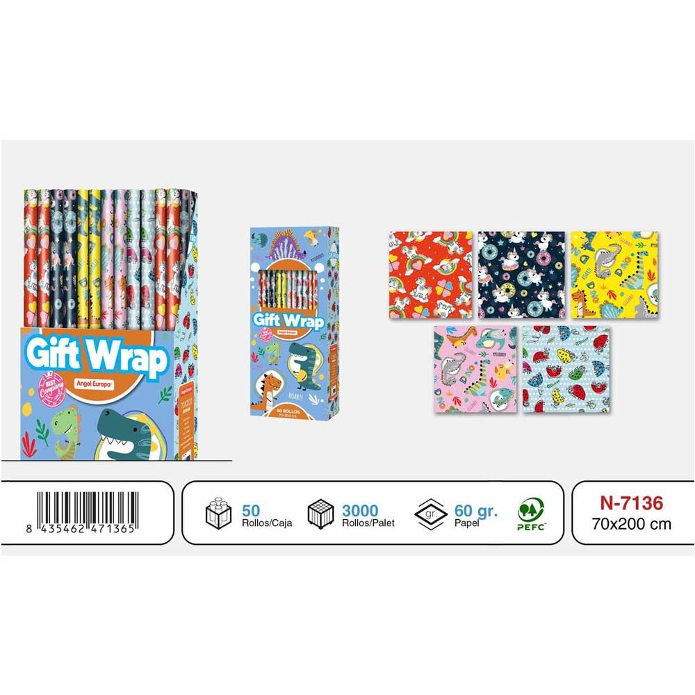 EXPOSITOR 50 ROLLOS PAPEL REGALO 70X200 INFANTIL ANIMALES | ANGEL EUROPA | ENVASE 50 UDS. UNIDAD | 8435462471365 Imagen principal del producto