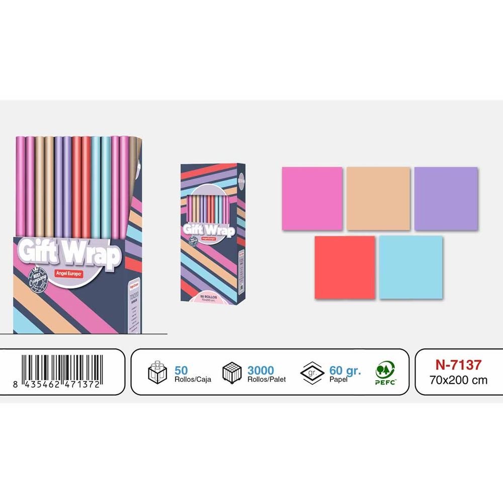 EXPOSITOR 50 ROLLOS PAPEL REGALO 70X200 COLORES LISOS SURTI | ANGEL EUROPA | ENVASE 50 UDS. UNIDAD | 8435462471372 Imagen principal del producto