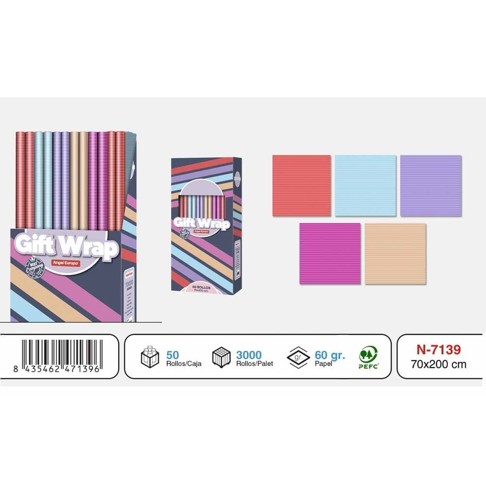 EXPOSITOR 50 ROLLOS PAPEL REGALO 70X200 LISO CON LINEA SURT | ANGEL EUROPA | ENVASE 50 UDS. UNIDAD | 8435462471396 Imagen principal del producto