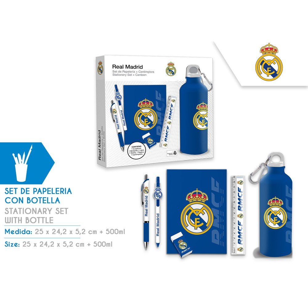 SET PAPELERIA CON BOTELLA 650 ML REAL MADRID | KIDS LICENSING | 1 UNIDAD | 8435507892964 Imagen principal del producto