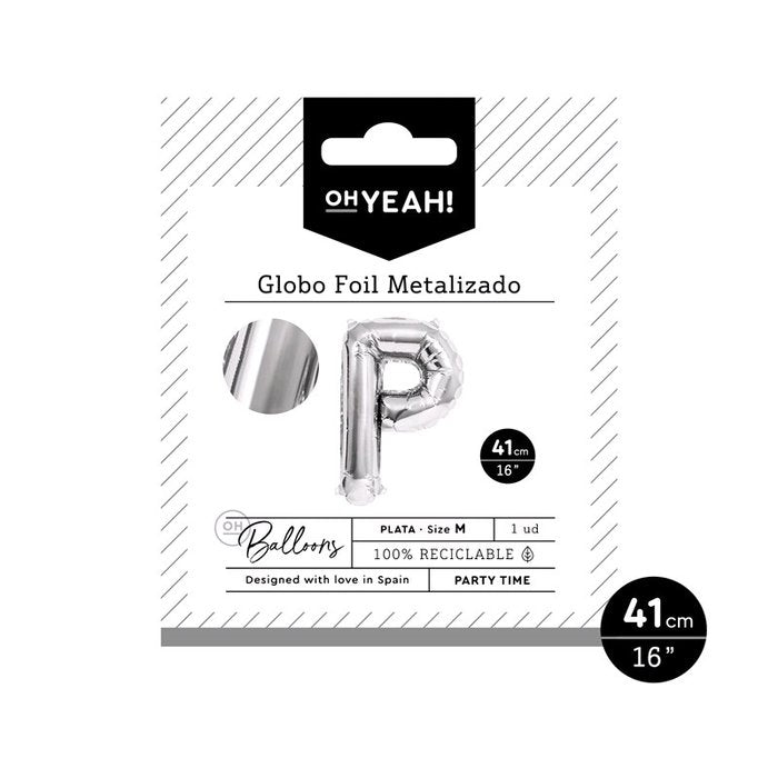 GLOBO POLIAMIDA LETRA P 41CM-16PLATA METALIZADO 1 UD | AMBER MOOD OH YEAH | 1 UNIDAD | 8435557704095 Imagen principal del producto