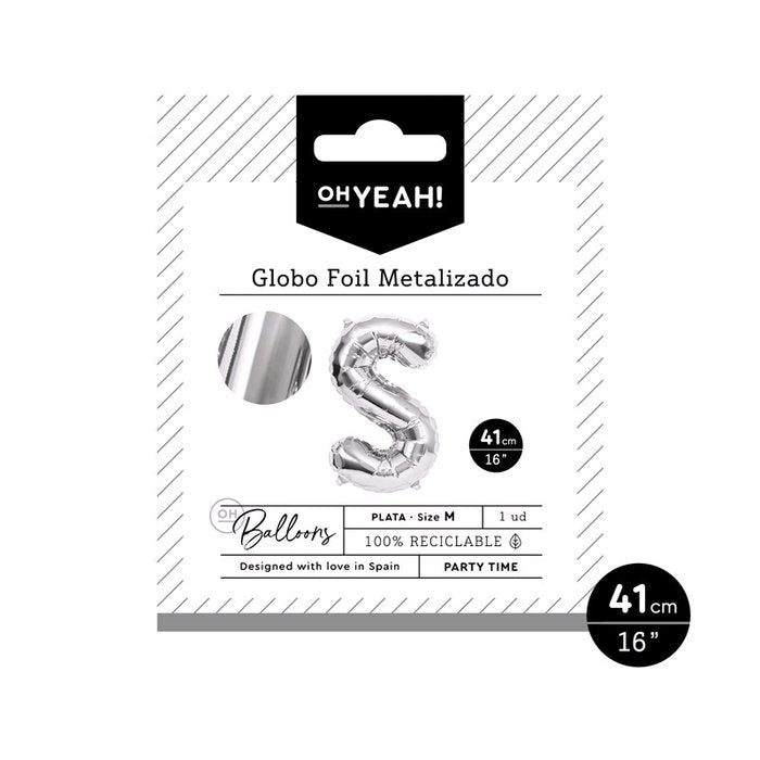 GLOBO POLIAMIDA LETRA S 41CM-16 PLATA METALIZADO 1 UD | AMBER MOOD OH YEAH | 1 UNIDAD | 8435557704125 Imagen principal del producto