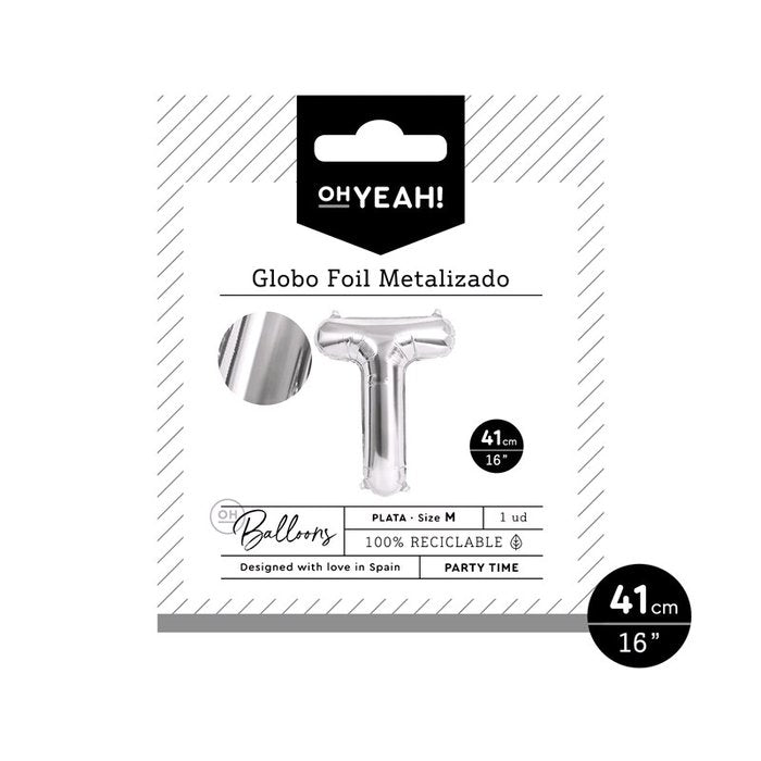 GLOBO POLIAMIDA LETRA T 41CM-16 PLATA METALIZADO 1 UD | AMBER MOOD OH YEAH | 1 UNIDAD | 8435557704132