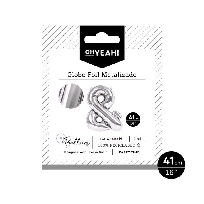 GLOBO POLIAMIDA LETRA & 41CM-16 PLATA METALIZADO 1 UD | AMBER MOOD OH YEAH | 1 UNIDAD | 8435557704217 Imagen principal del producto