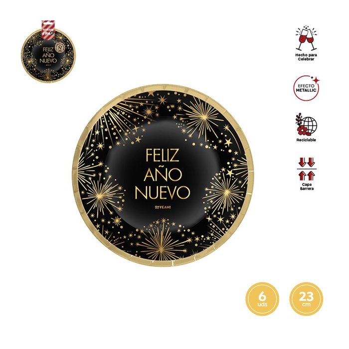 PLATO FELIZ AÑO NUEVO 23CM CARTON 6U | AMBER MOOD OH YEAH | ENVASE 24 UDS. UNIDAD | 8435557728602 Imagen principal del producto