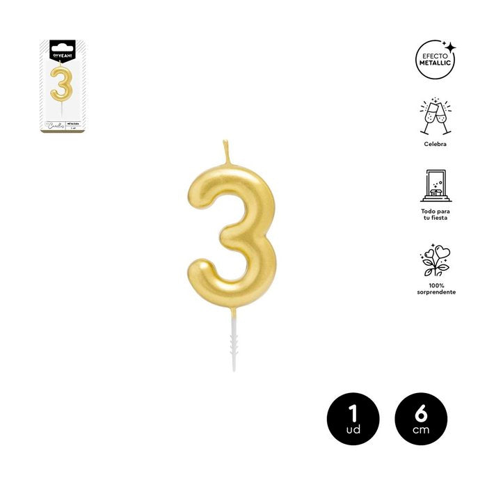 VELA CERA NUMERO 3 ORO 6 CM | AMBER MOOD OH YEAH | 1 UNIDAD | 28435557729689 Imagen principal del producto