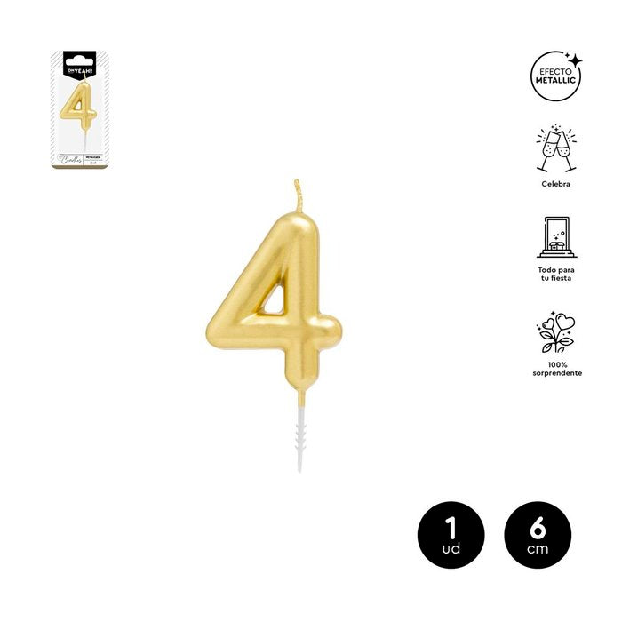 VELA CERA NUMERO 4 ORO 6 CM | AMBER MOOD OH YEAH | 1 UNIDAD | 28435557729696 Imagen principal del producto