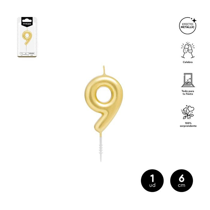 VELA CERA NUMERO 9 ORO 6 CM | AMBER MOOD OH YEAH | 1 UNIDAD | 28435557729740 Imagen principal del producto