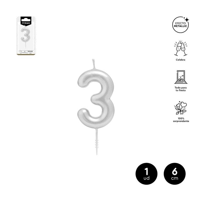 VELA CERA NUMERO 3 PLATA 6 CM | AMBER MOOD OH YEAH | 1 UNIDAD | 28435557729788 Imagen principal del producto