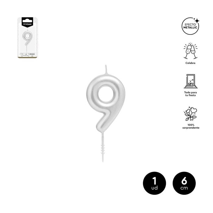 VELA CERA NUMERO 9 PLATA 6 CM | AMBER MOOD OH YEAH | 1 UNIDAD | 28435557729849 Imagen principal del producto