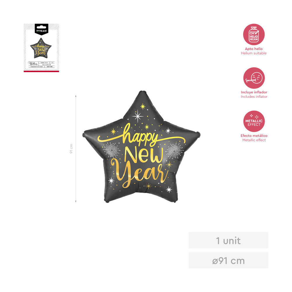 GLOBO FOIL ESTRELLA HAPPY NEW YEAR 91CM 1 UD | AMBER MOOD OH YEAH | ENVASE 12 UDS. UNIDAD | 28435557735581 Imagen principal del producto