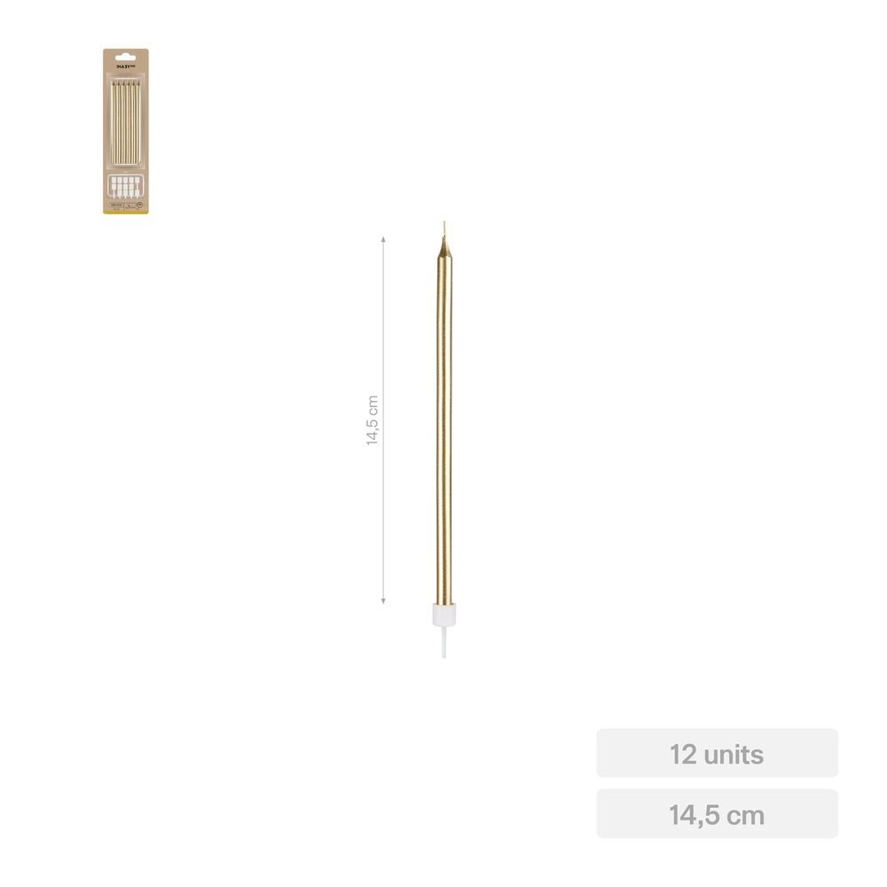 Vela extralargas oro metalizado 14,5cm, pack de 12 unidades (Pack 24 uds)