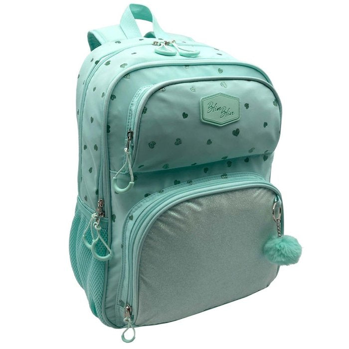 MOCHILA ESCOLAR DOBLE BLIN BLIN CORAZONES MENTA | TOYBAGS Imagen principal del producto