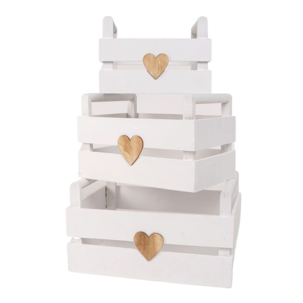 JUEGO 3 CAJAS MADERA CORAZON BLANCO | DCASA | 1 UNIDAD | 8435683214840 Imagen principal del producto