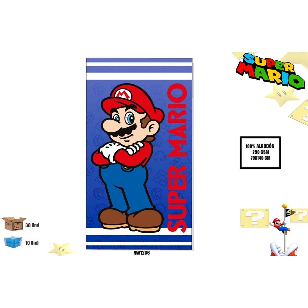 TOALLA ALGODON 300G 70 X 140CM SUPER MARIO | NEW IMPORT SL | 1 UNIDAD | 8435746904756 Imagen principal del producto