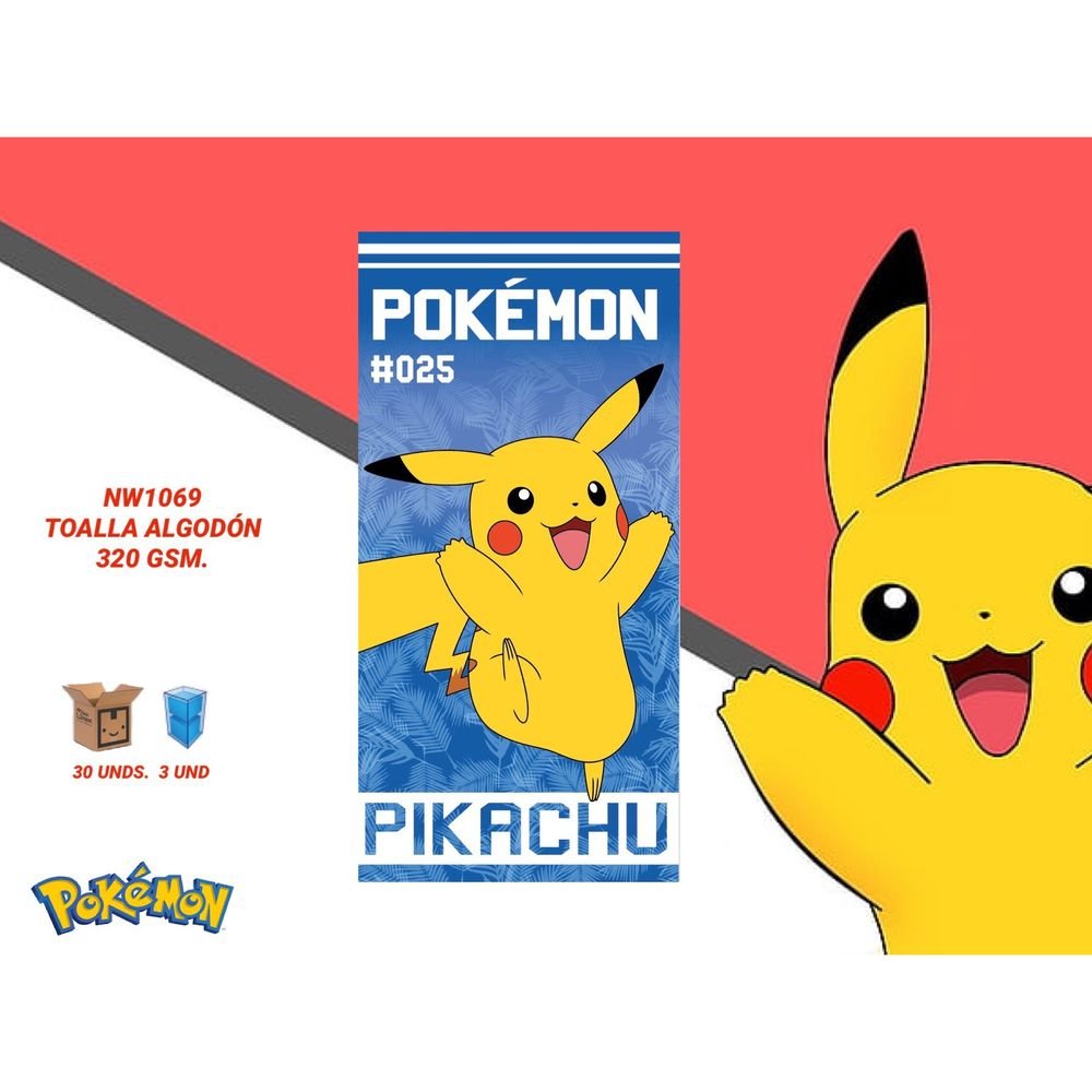 TOALLA ALGODON NIÑO POKEMON PIKACHU 70 X 140 CM | NEW IMPORT SL | 1 UNIDAD | 8435746908266 Imagen principal del producto