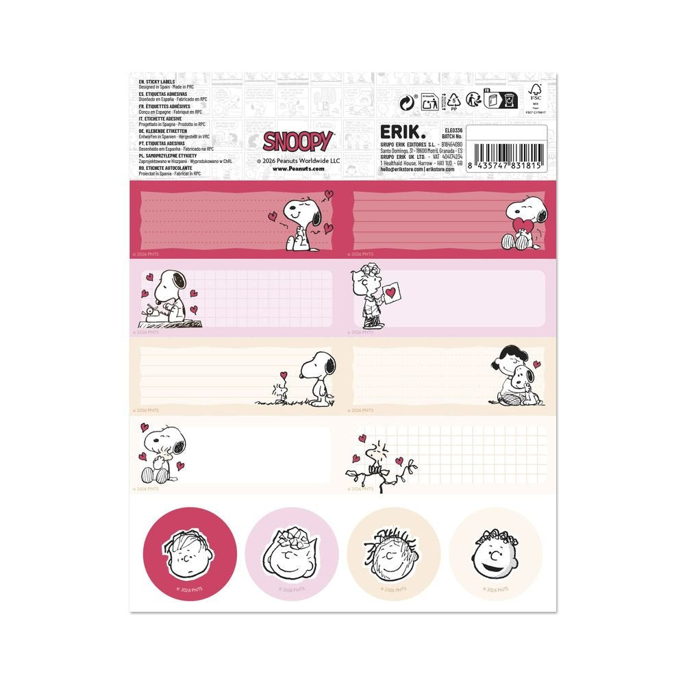 Etiquetas Escolares Snoopy Love Season, pack de 24 (Pack 10 uds)