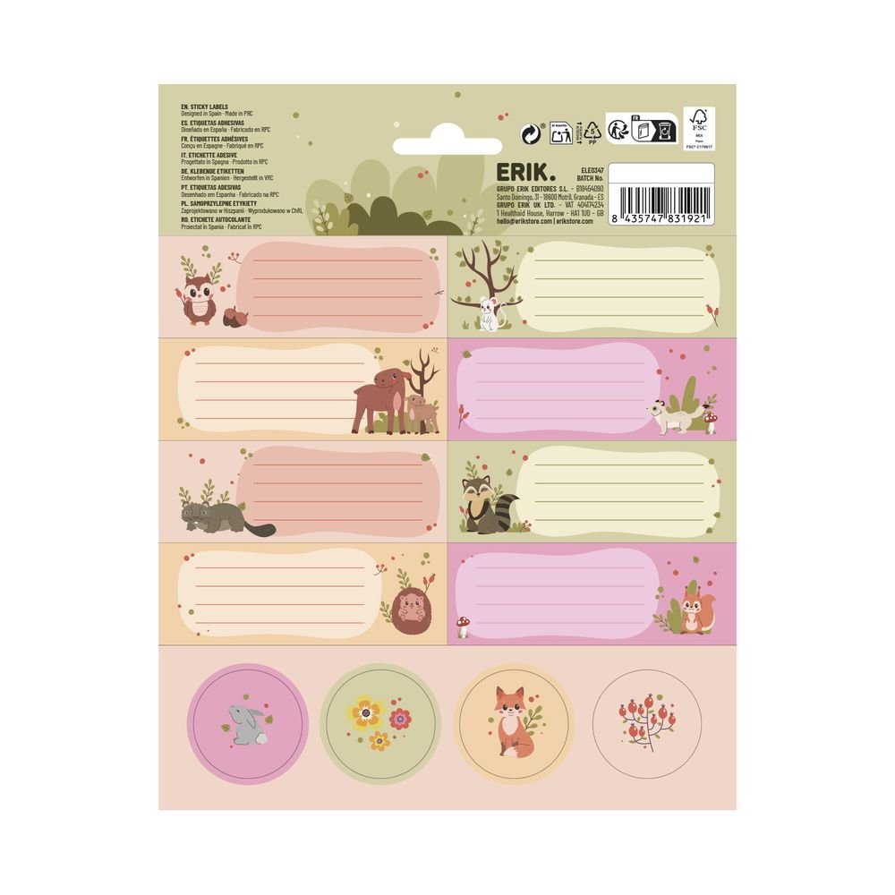 Etiquetas escolares animales en el bosque, 24 ud. (Pack 10 uds)
