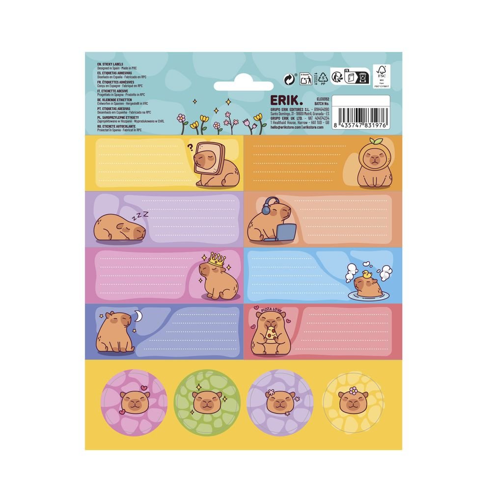 Etiquetas escolares Capybara - Pack 24 pegatinas (Pack 10 uds)