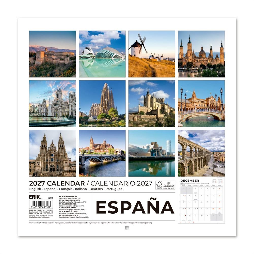 Calendario 2027 pared 30x30 España Grupo Erik