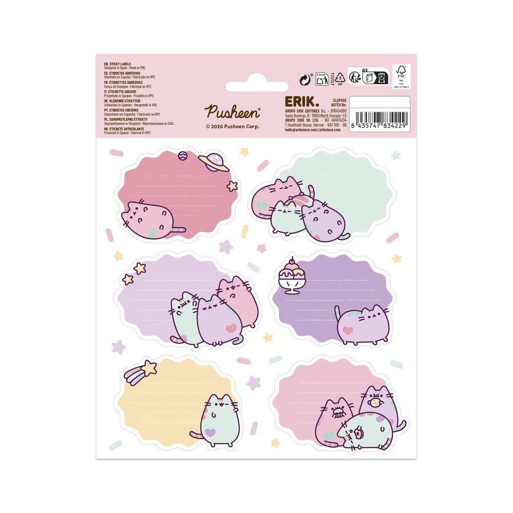 Etiquetas escolares premium Pusheen, pack de 12 (Pack 10 uds)