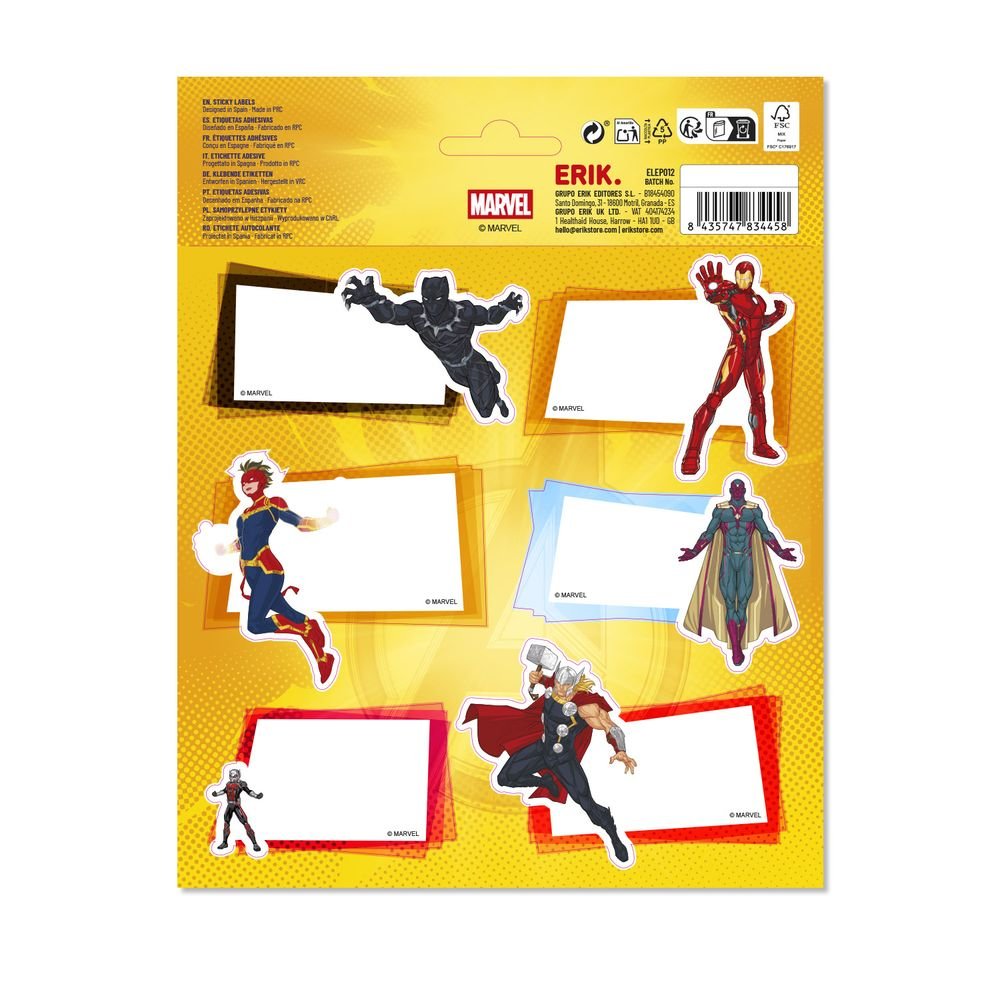 Etiquetas escolares premium Marvel Los Vengadores, pack 12 unidades (Pack 10 uds)