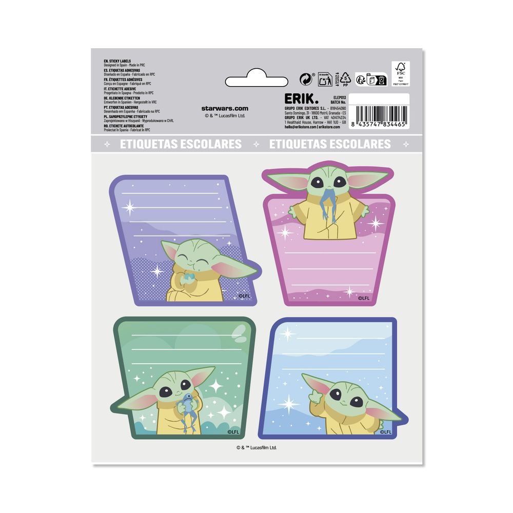 Etiquetas escolares Star Wars Mandalorian Grogu, 8 ud. (Pack 10 uds)