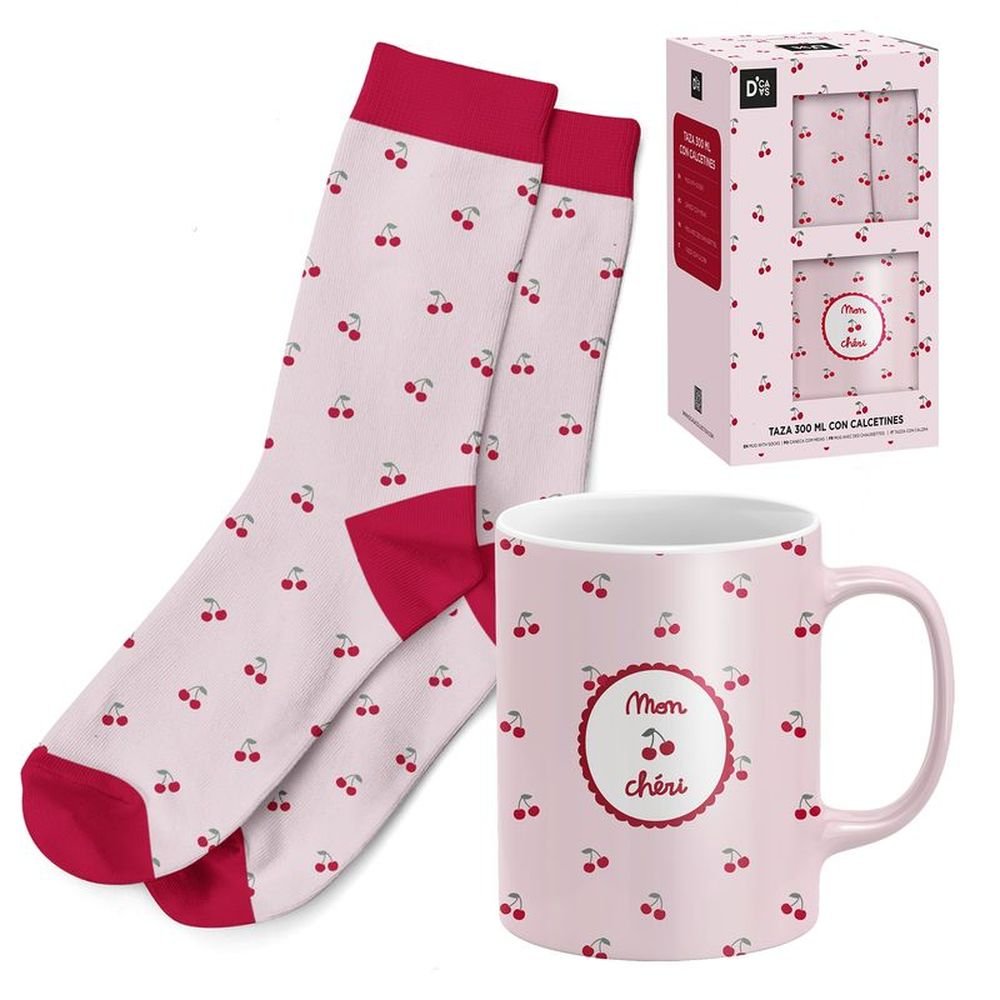 Set Regalo Taza 300ml con Calcetín Coquette Cerezas DCASA