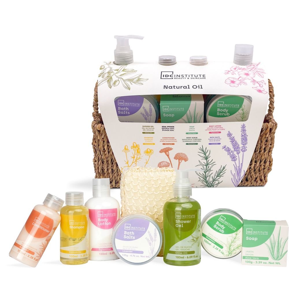 Cesta de regalo Rafia Rutina Completa Natural Oil IDC