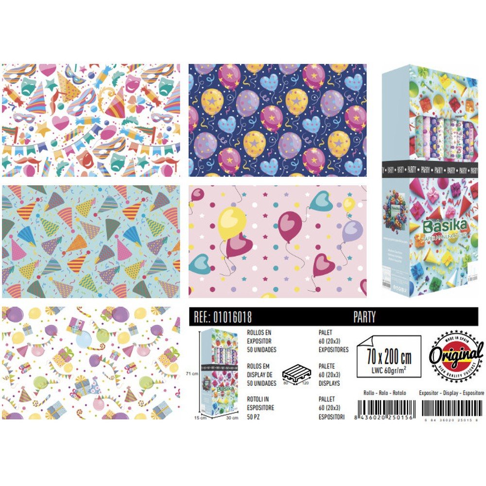 EXP 50 ROLLOS PAPEL REGALO PARTY 70X200CM