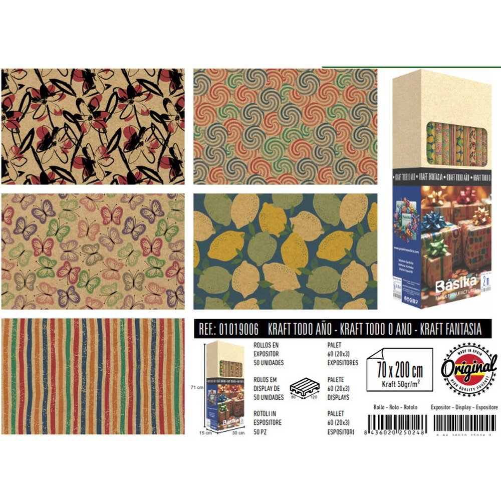 EXPOSITOR 50 ROLLOS PAPEL REGALO KRAFT TODO AÑO 70X200 | ANDINA | ENVASE 50 UDS. UNIDAD | 68436020250240 Imagen principal del producto