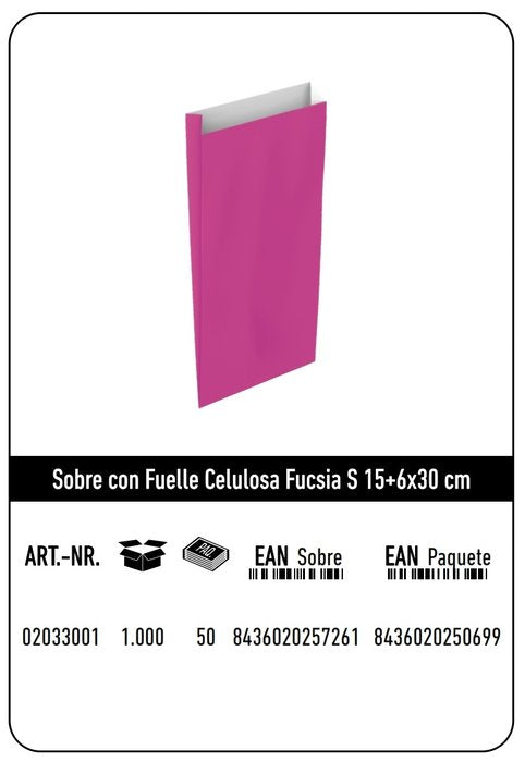 Paq/25 Sobre Bolsa Papel Kraft Color Fucsia 15x6x30cm S
