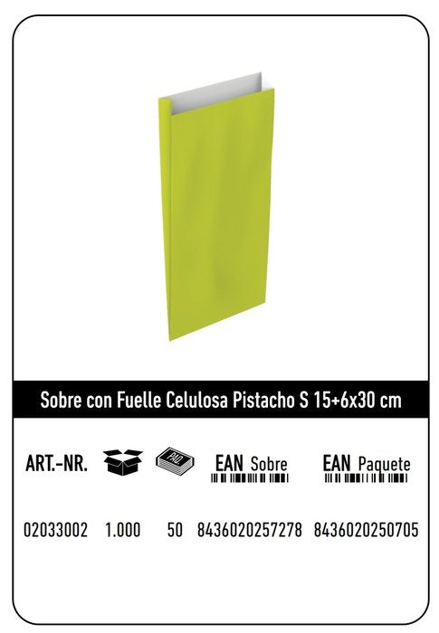 SOBRE CELULOSA S 15+6X30 PISTACHO CAJA 250 UNIDADES | 250 UNIDADES | (ANDINA) Imagen principal del producto