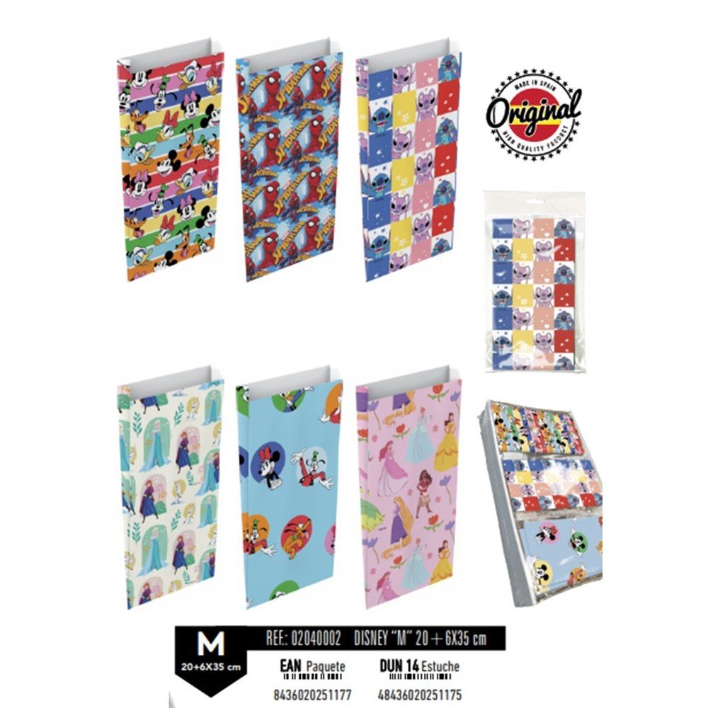 Paq/12 sobre bolsa papel kraft color kraft disney 20x6x35cm m surtidos