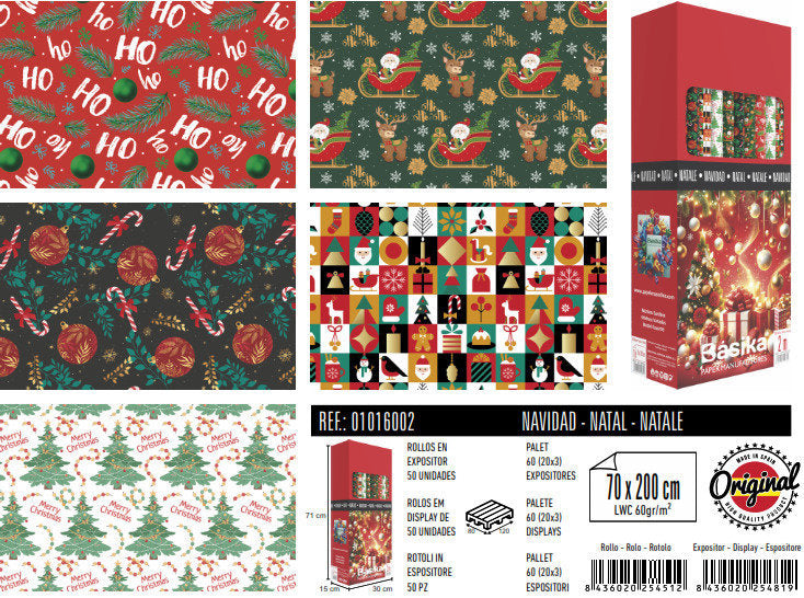 PAPEL REGALO ROLLO 70X200CM NAVIDAD SURTIDO | ANDINA NAVIDAD | ENVASE 50 UDS. UNIDAD | 8436020254819
