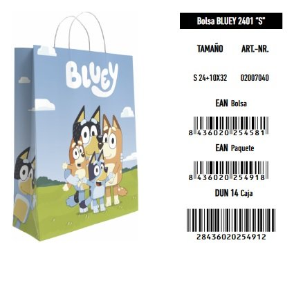 BOLSA REGALO INFANTIL DISNEY BLUEY 90G ASAS PAPEL RETORCIDO | ANDINA | 1 UNIDAD | 8436020254918 Imagen principal del producto
