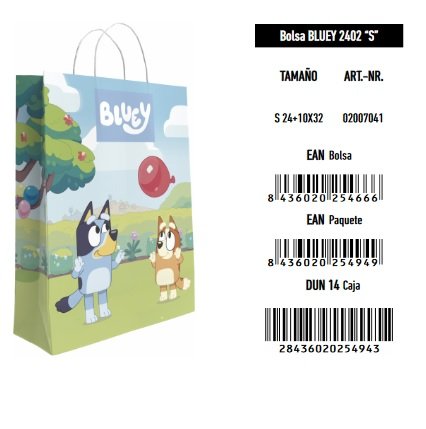 BOLSA REGALO INFANTIL DISNEY BLUEY 90G ASAS PAPEL RETORCIDO | ANDINA | ENVASE 25 UDS. UNIDAD | 8436020254949 Imagen principal del producto