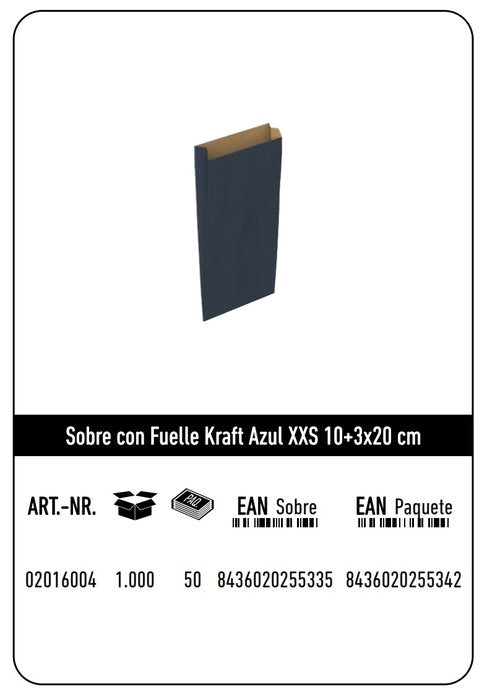 SOBRE KRAFT XXS 10+3X20 AZUL CAJA 250 UNIDADES | 250 UNIDADES | (ANDINA) Imagen principal del producto