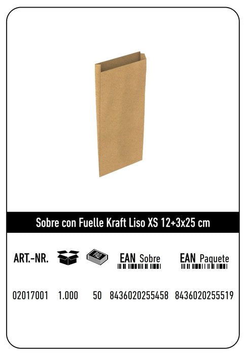 SOBRE KRAFT XS 12+3X25 NATURAL LISO CAJA 432 UNIDADES | 432 UNIDADES | (ANDINA)