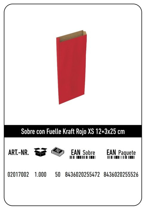 SOBRE KRAFT XS 12+3X25 ROJO CAJA 432 UNIDADES | 432 UNIDADES | (ANDINA) Imagen principal del producto