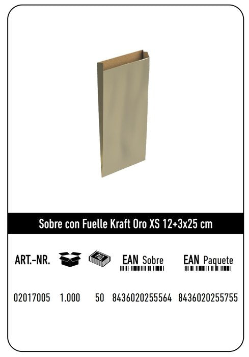 Paq/12 Sobre Bolsa Papel Kraft Color Oro 12x3x25cm Xs Imagen principal del producto