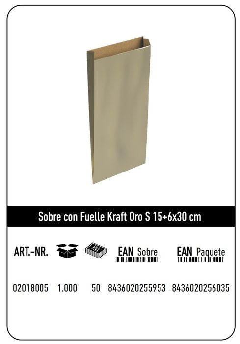 Paq/12 Sobre Bolsa Papel Kraft Color Oro 15x6x30cm S