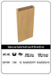 SOBRE KRAFT M 20+6X35 NATURAL LISO CAJA 192 UNIDADES | 192 UNIDADES | (ANDINA)