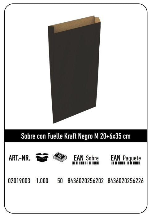 SOBRE KRAFT M 20+6X35 NEGRO CAJA 250 UNIDADES | 250 UNIDADES | (ANDINA) Imagen principal del producto