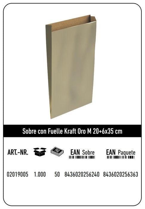 SOBRE KRAFT M 20+6X35 ORO CAJA 192 UNIDADES | 192 UNIDADES | (ANDINA) Imagen principal del producto