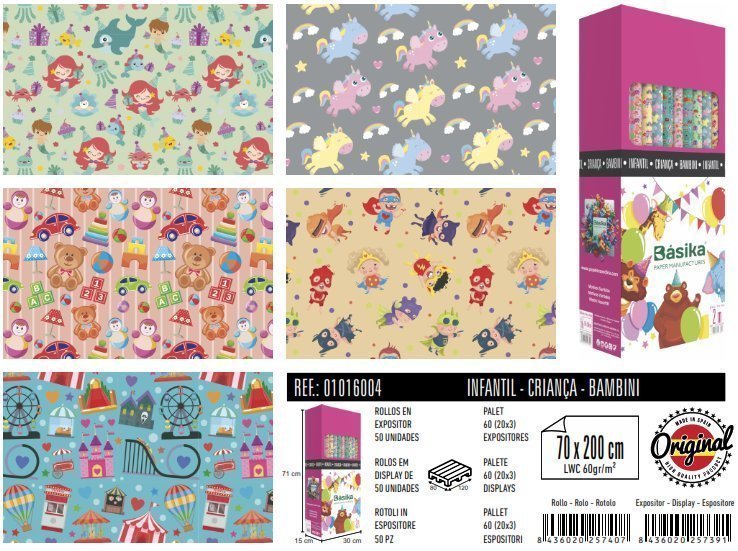 EXPOSITOR 50 ROLLOS PAPEL REGALO 70X200 INFANTIL | ANDINA | ENVASE 50 UDS. UNIDAD | 8436020257391