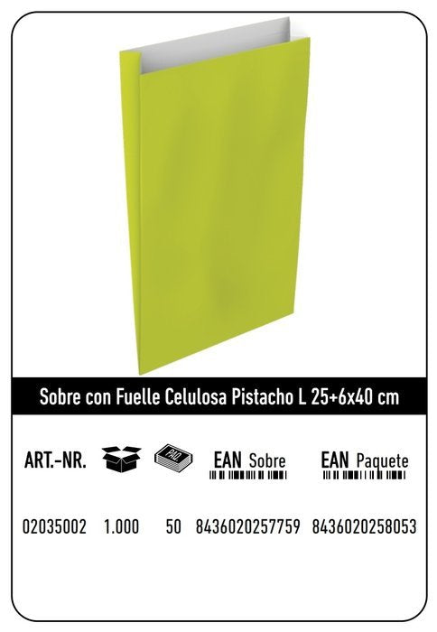 SOBRE CELULOSA L 25+6X40 PISTACHO CAJA 250 UNIDADES | 250 UNIDADES | (ANDINA) Imagen principal del producto