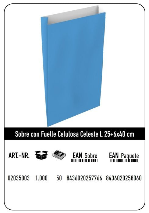 SOBRE CELULOSA L 25+6X40 CELESTE CAJA 250 UNIDADES | 250 UNIDADES | (ANDINA) Imagen principal del producto