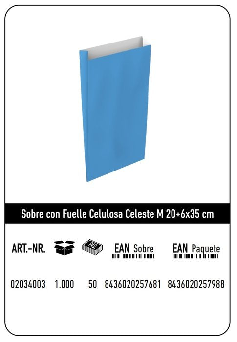 SOBRE CELULOSA M 20+6X35 CELESTE CAJA 192 UNIDADE | 192 UNIDADES | (ANDINA)